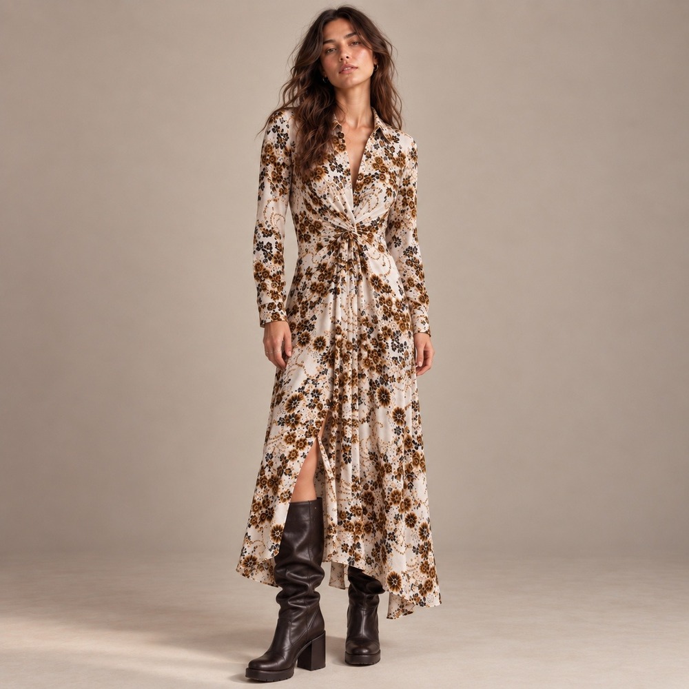 Free People Tough Love Floral Midi Shirt Dress Twist Front Sz 2